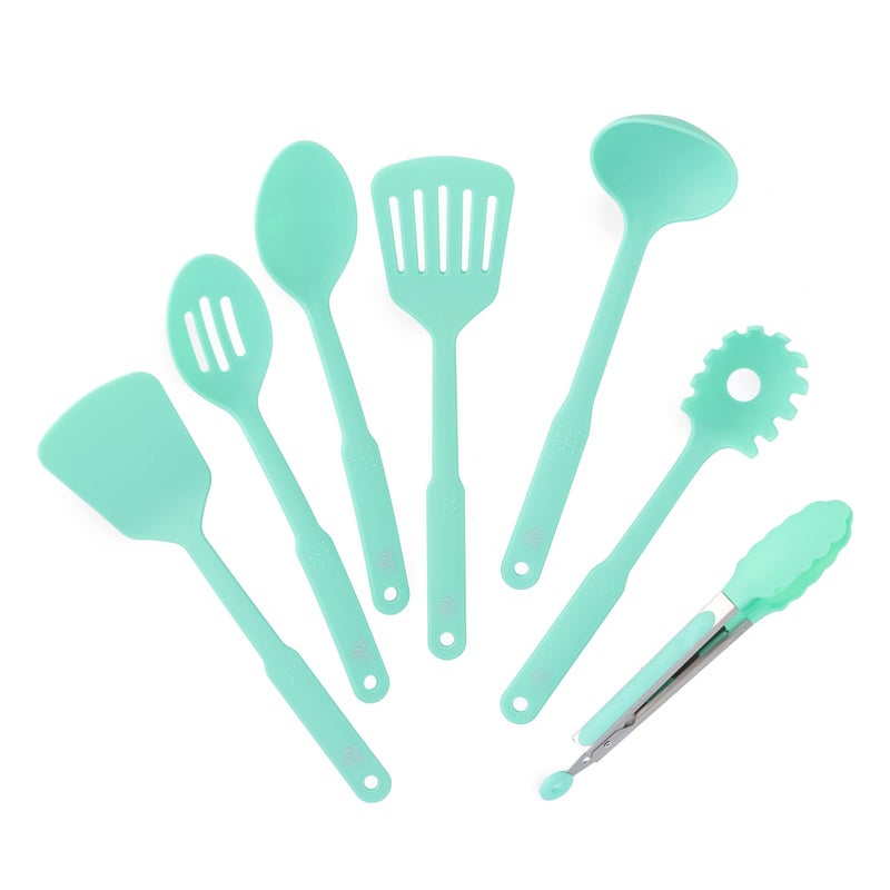 GreenLife Cooking Tools and Utensils, 7 Piece Nylon Set including Spatulas Turner Spoons and Tongs, Dishwasher Safe, Turquoise - Image 1